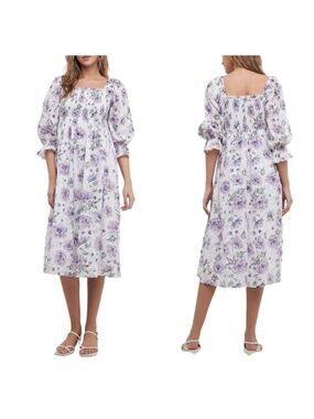 Free The Roses Floral Smocked Top Poplin Puff Sleeve Fit & Flare Summer Dress